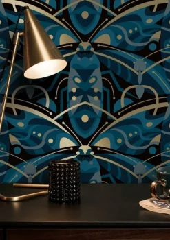 Art deco goud behang animaux beetle - blauw