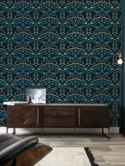 Art deco goud behang animaux beetle - blauw