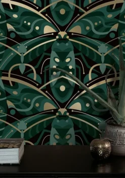 Art deco goud behang animaux beetle - groen