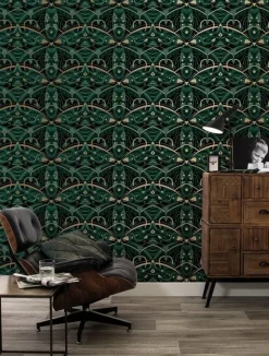 Art deco goud behang animaux beetle - groen