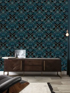 Art deco goud behang animaux butterfly - blauw