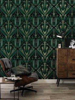 Art deco goud behang animaux grasshopper - groen