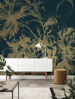 Engraved flowers goud behang MW-014 - 300x280cm