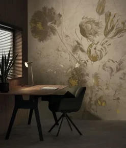 Fresco Flowers behang FU-053 - 389,6x280cm goud/beige