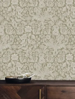 Getekende bloemen behang 100x280cm zand - FR-003