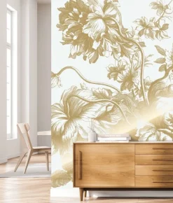 Goud Engraved bloemen behang off-white MW-113 200x280cm