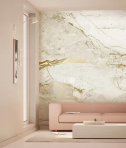 Marmer behang FU-072 - 194,8x280cm goud/wit