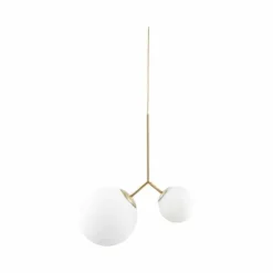 Twice hanglamp messing met twee wit glazen kappen